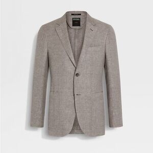 LIGHT BROWN CROSSOVER LINEN WOOL AND SILK BLEND JACKET